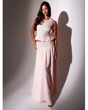 South Beach Textured Gingham Shirred Waist Maxi Skirt - Pink
