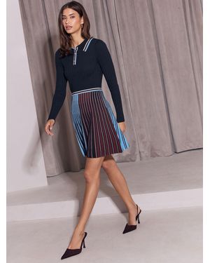 Lipsy Stripe Mini Polo Long Sleeve Knitted Mini Dress - Blue