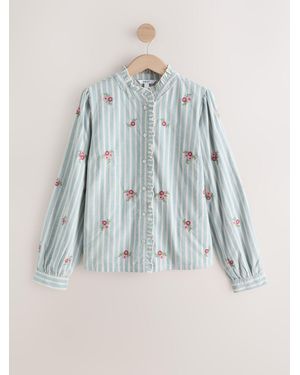 Next Corduroy Stripe Piecrust Ruffle Floral Embroidered Blouse - Blue