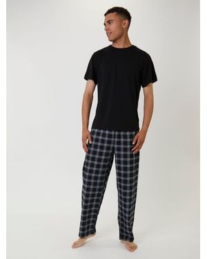 Loungeable Crew Neck Check Cotton Woven Long Sleeve Button Through Pajamas Set - Black