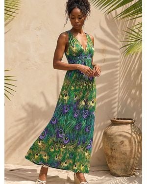 Roman Peacock Printed Maxi Dress - Green