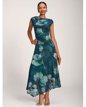 Jolie Moi Jolie Moi Asymmetric Draped Mesh Maxi Dress - Blue