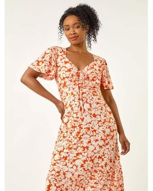 Roman Petite Floral Print Ruched Midi Dress - Orange