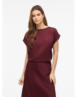 Vila Short Sleeve Satin And Jersey Top - Red