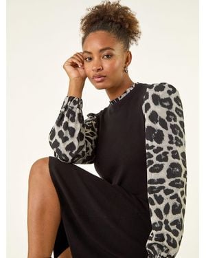 Roman Animal Print Mix Frill Short Dress - Black