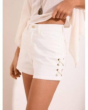 Lipsy Eyelet Lace Up Detail Denim Shorts - Natural