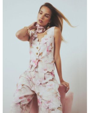 River Island Floral Print Linen Blend Sleeveless Scallop Hem Waistcoat - Pink