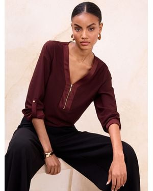 Lipsy Burgundy Zip Front 3/4 Sleeve Top - Red