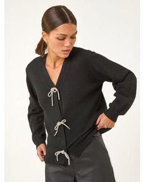 Roman Bow Embelished Knit Cardigan - Black