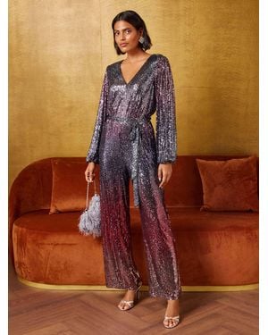 Love & Roses Petite Ombre Sequin Jumpsuit - Brown