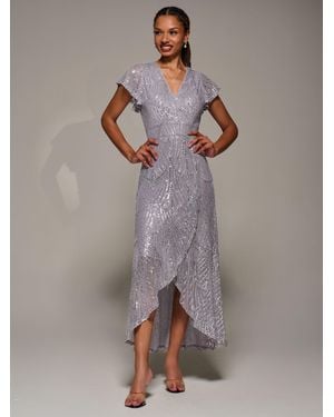 Jolie Moi Frill Short Sleeve Sequin Maxi Dress - Gray