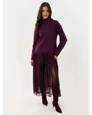 Threadbare Jumper Dress With Crinkle Satin Skirt - Purple