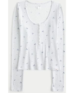 Hollister Pointelle Long Sleeve Henley Pajama Top - White