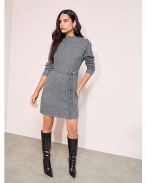 Friends Like These Long Sleeve Button Shoulder Tie Belt Cozy Mini Dress - Gray