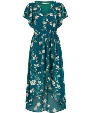 Yumi' Floral Wrap Midi Dress With Frill Hem - Green