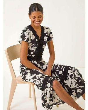 Roman Floral Print Lace Trim Midi Dress - Black