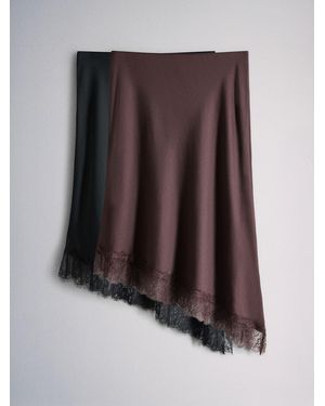 The Set 2 Pack Satin Crepe Lace Hem Asymmetric Midi Skirts - Brown