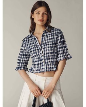 Anthropologie Gingham Maeve Ruffle Button-Front Short Puff Sleeved Top - Blue