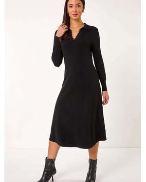 Roman Scallop Detail Knitted Midi Dress - Black