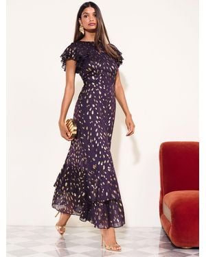 Friends Like These Aubergine Petite Ruffle Short Sleeve Metallic Foil Midi Dress - Red