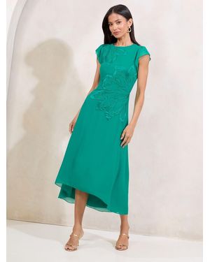 Lipsy Petite Floral Print Appliqué Fit And Flare Short Sleeve Midi Dress - Green
