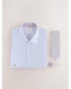 Next Cotton Rich Shirt, Tie, Cufflink And Lapel Pin Occassion Set - Blue
