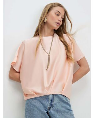 River Island Short Sleeve Batwing Satin T-Shirt - Natural