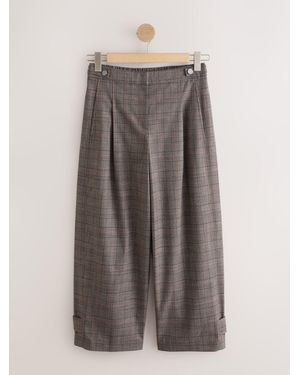 Next Fine Check Barrel Leg Pants With Button Hem - Brown