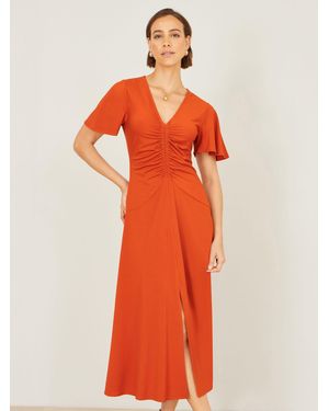 Yumi' Ruched Front Stretch Midi Dress - Orange