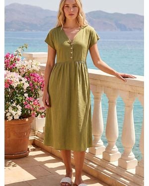Roman Linen Look Button Midi Dress - Green