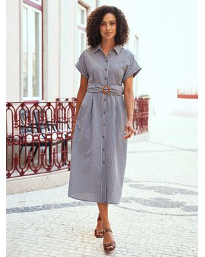 Yumi' Gingham Relaxed Shirt Dress With Matching Belt - Black