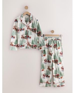 Next Ecru Santa Matching Family Christmas Flannel Button Through Pajamas - Metallic