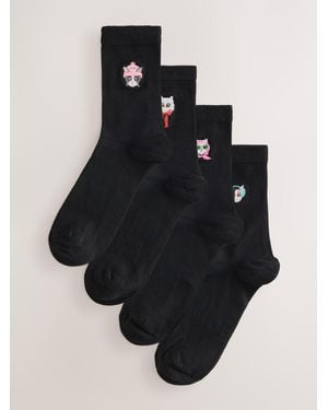 Next Cats Embroidered Motif Ankle Socks 4 Pack - Black