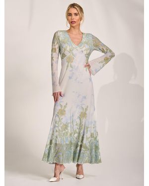 Jolie Moi Long Sleeve Godet Mesh Maxi Dress - Natural