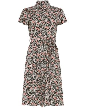M Com Floral Tie Waist Shirt Dress - Black