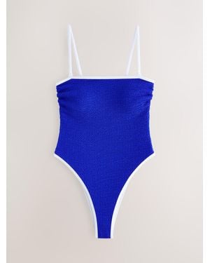 Self Contrast Bind High Leg Brazilian Bandeau Tummy Control Swimsuit - Blue