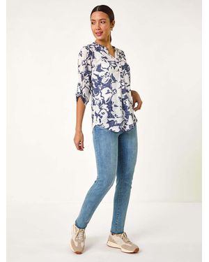 Roman Floral Print Burnout V-Neck Shirt - Blue