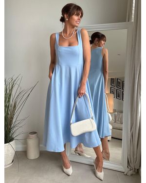 Style Cheat Square Neck Fit And Flare Dress - Blue