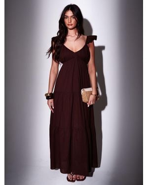 South Beach 100% Cotton Frill Sleeve Tiered Maxi Dress - Brown
