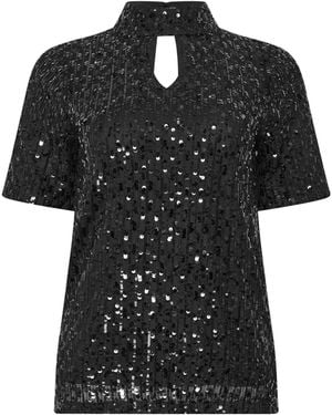 M Com Mixed Sequin Keyhole Top - Black