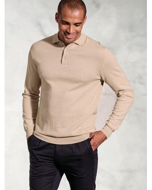Brook Taverner 12Gg Knited Long Sleeve 100% Cotton Polo Shirt - Natural