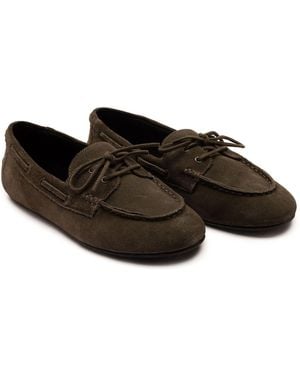 OFF THE HOOK Lea Suede Leather Round Toe Boat Shoes - Brown