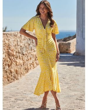 Sosandar Spot Print Ruchded Front Frill Hem Jersey Midaxi Dress - Metallic