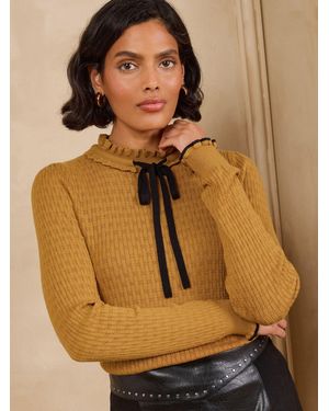 Love & Roses Ochre Frilled High Neck Tie Detail Long Sleeve Knitted Top - Natural