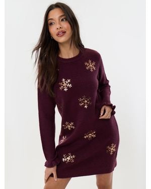 Threadbare Sequin Snowflake Mini Jumper Dress - Red
