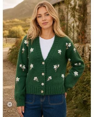 Yumi' Hand Embroidered Chunky Knitted Cardigan - Green