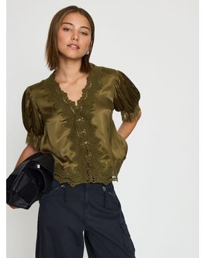 Anthropologie Stella Satin Lace-Trim Blouse - Green