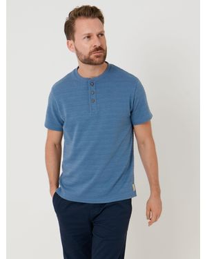 Saltwell Textured Stripe Grandad Collar T-Shirt - Blue