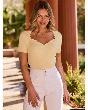 Sosandar Scallop Edge Ribbed Knitted Top - Brown