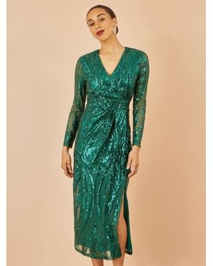 Yumi' Sequin Midi Long Sleeve Wrap Dress in Green | Lyst